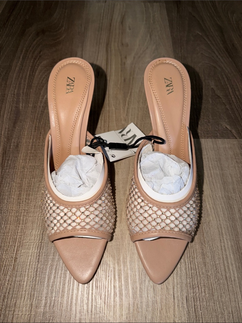 🤎 NWT Zara Nude Mesh Beaded Pointy Mule Slide Sandal 38 🤎